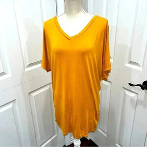 Made by Johnny v-neck ruched sides, short sleeve, mustard yellow, soft tee shirt